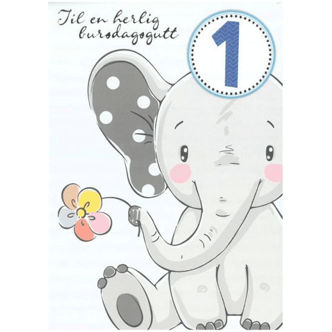 Hovedbilde Bursdagskort 1 År - Elefant